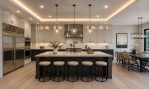 Modern kitchen with an island, four barstools, pendant lights, stainless appliances, and a dining area in the background.