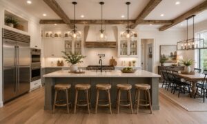 Spacious kitchen with a large island, bar stools, pendant lights, wooden beams, and adjacent dining area.