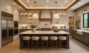 Modern kitchen with white cabinets, a large island with stools, pendant lights, and stainless steel appliances.