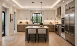 Modern kitchen with an island, two chairs, stainless steel appliances, pendant lights, and white cabinetry.
