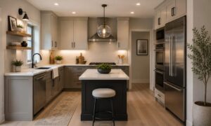 Modern kitchen with gray cabinets, center island with stool, stainless steel appliances, and warm lighting.
