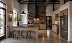 Modern kitchen with light wood cabinets, black countertops, stainless steel appliances, and three wooden bar stools.