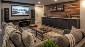 256699869 - a living room designed for entertainment, with a large-screen tv, surround sound speakers, comfortable seating, and a mini-bar setup for hosting guests.