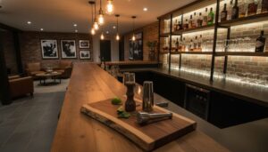316120778 - interior design home background Modern home bar with wooden countertop, shelves of liquor bottles, brick walls, and lounge seating in the background.