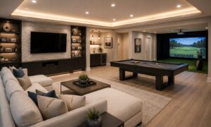 Modern game room with a pool table, golf simulator, large sectional sofa, wall-mounted TV, and built-in shelves.