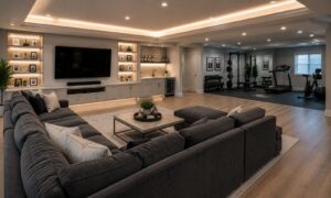 Spacious basement with a large sectional sofa, wall-mounted TV, bar area, and gym equipment on a wood floor.