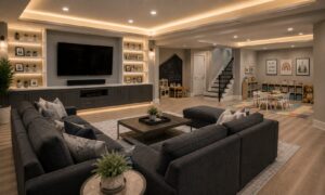 Spacious basement with dark sectional sofa, wall-mounted TV, play area, and modern decor under warm lighting.