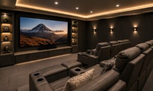 Home theater room with leather recliners facing a large screen displaying a mountain landscape at sunset.