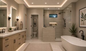 Modern bathroom with a double vanity, glass shower, freestanding tub, and neutral decor.