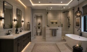 Modern bathroom with double vanity, glass shower, freestanding tub, and neutral decor under soft lighting.