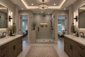 Modern bathroom with dual vanities, large glass shower, neutral tones, recessed lighting, and entry to two bedrooms.