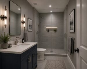 Modern bathroom with a navy vanity, glass shower, wall sconces, and neutral decor in gray and white tones.