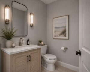 Modern bathroom with a light wood vanity, rectangular mirror, toilet, wall art, and two vertical wall lights.