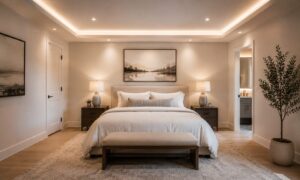 Modern bedroom with a king bed, two nightstands, lamps, wall art, bench, and a potted plant in a neutral color scheme.