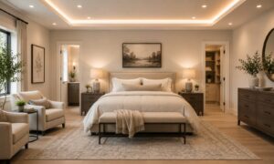 Modern bedroom with a large bed, neutral tones, two armchairs, wooden furniture, and soft lighting.