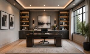 Modern home office with a large desk, shelves with books and decor, artwork on the walls, and a window with plants.