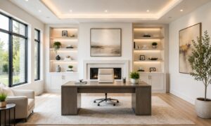 Modern home office with a large desk, built-in shelves, artwork, plants, and a fireplace in a bright, neutral space.