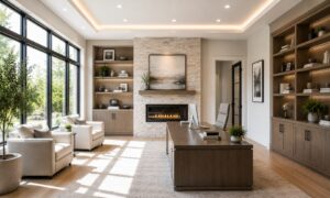 A modern home office with a dark wood desk, two armchairs, a fireplace, and built-in shelving.
