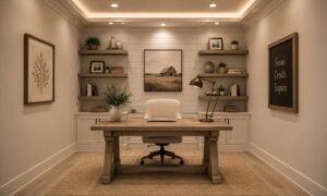 Neutral-toned home office with a wooden desk, shelves, wall art, a chair, and a desk lamp under recessed lighting.