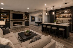 Modern basement with a seating area, fireplace, wet bar, and pool table, featuring dark wood and neutral decor.