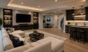 A modern open-plan living room with a large sofa, TV wall, bar area with stools, and a dining space in the background.
