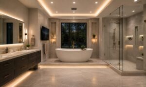 Modern bathroom with a freestanding tub, double vanity, walk-in shower, large window, and recessed lighting.