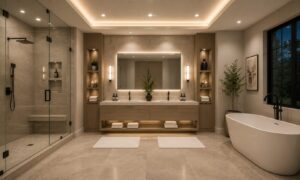 Modern bathroom with double vanity, freestanding tub, glass shower, built-in shelves, and recessed lighting.