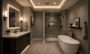 Modern bathroom with double vanity, freestanding tub, glass shower, soft lighting, and neutral-colored walls and decor.