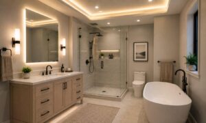 Modern bathroom with double vanity, walk-in glass shower, freestanding tub, and recessed ceiling lighting.